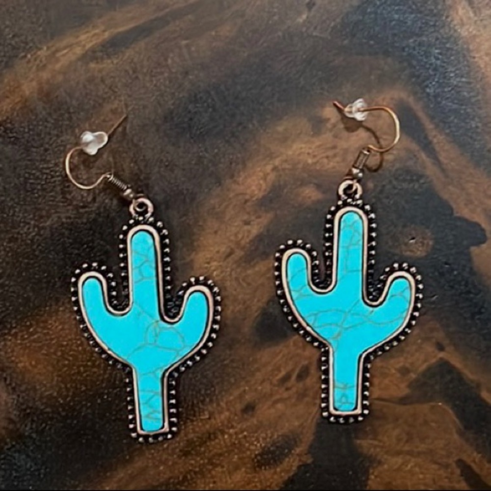 Turquoise and Cactus Dangle Earrings - Picture 2 of 4